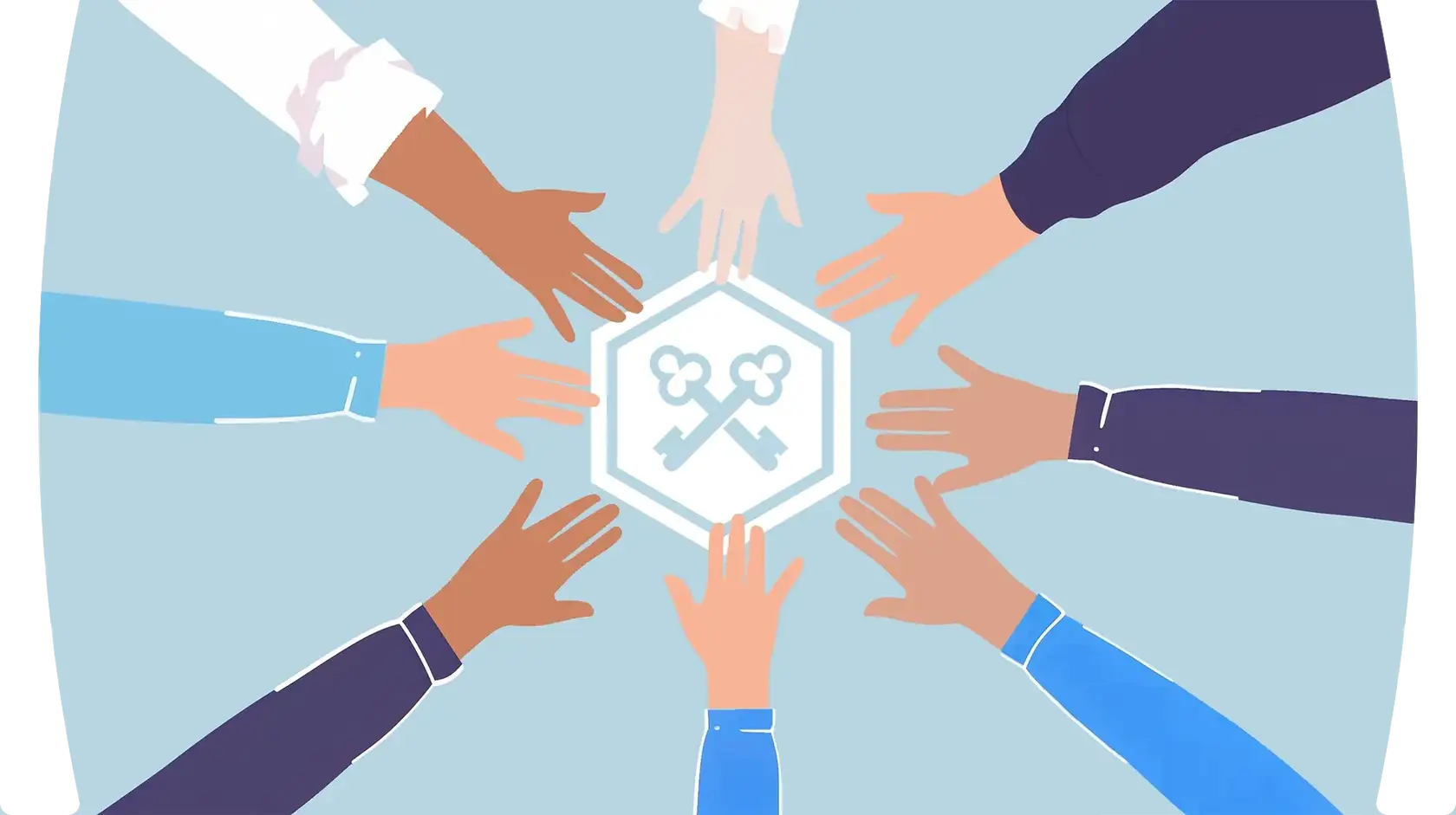 Illustration of eight hands spread out towards the middle and Tontine Trust logo in the middle against light grey background