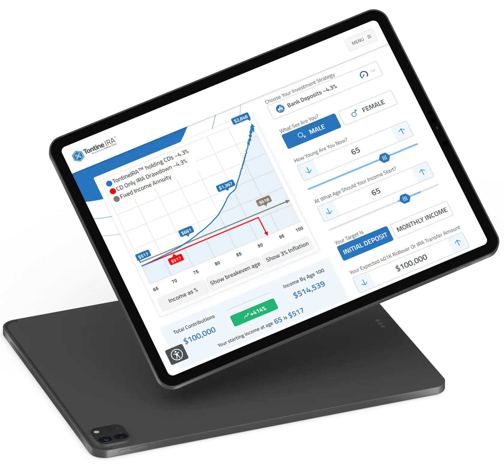 Mockup of two iPads with Tontinator on screen.