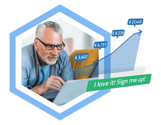 Hexagon with a retired man looking at rising graph