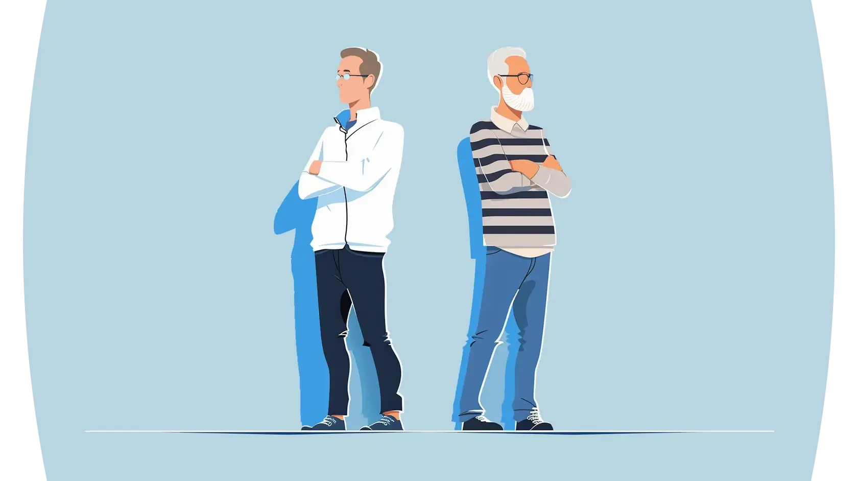 Illustration of two figures standing side by side against a light blue background