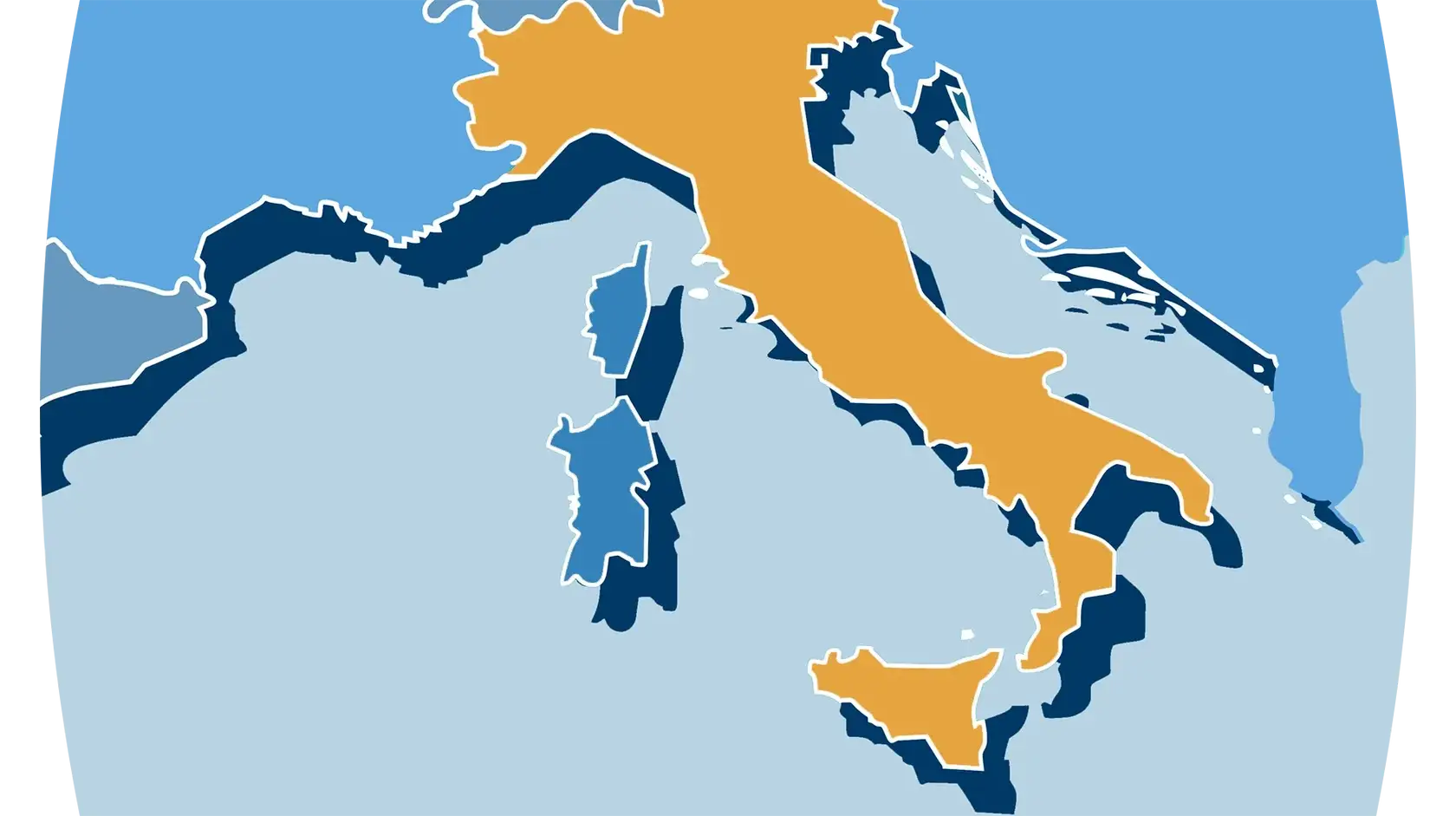 A stylized map featuring the contours of countries or regions in various shades of blue, orange, and white against a light blue background