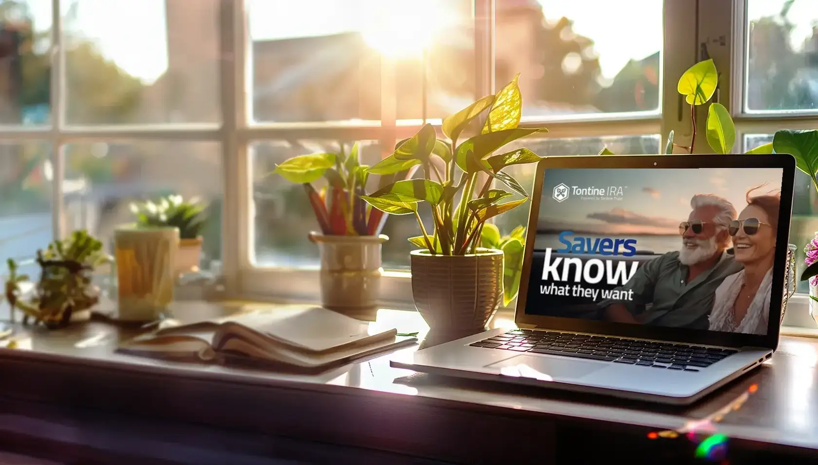Laptop with TontineIRA screensaver on a desk with sunset through windows in the background