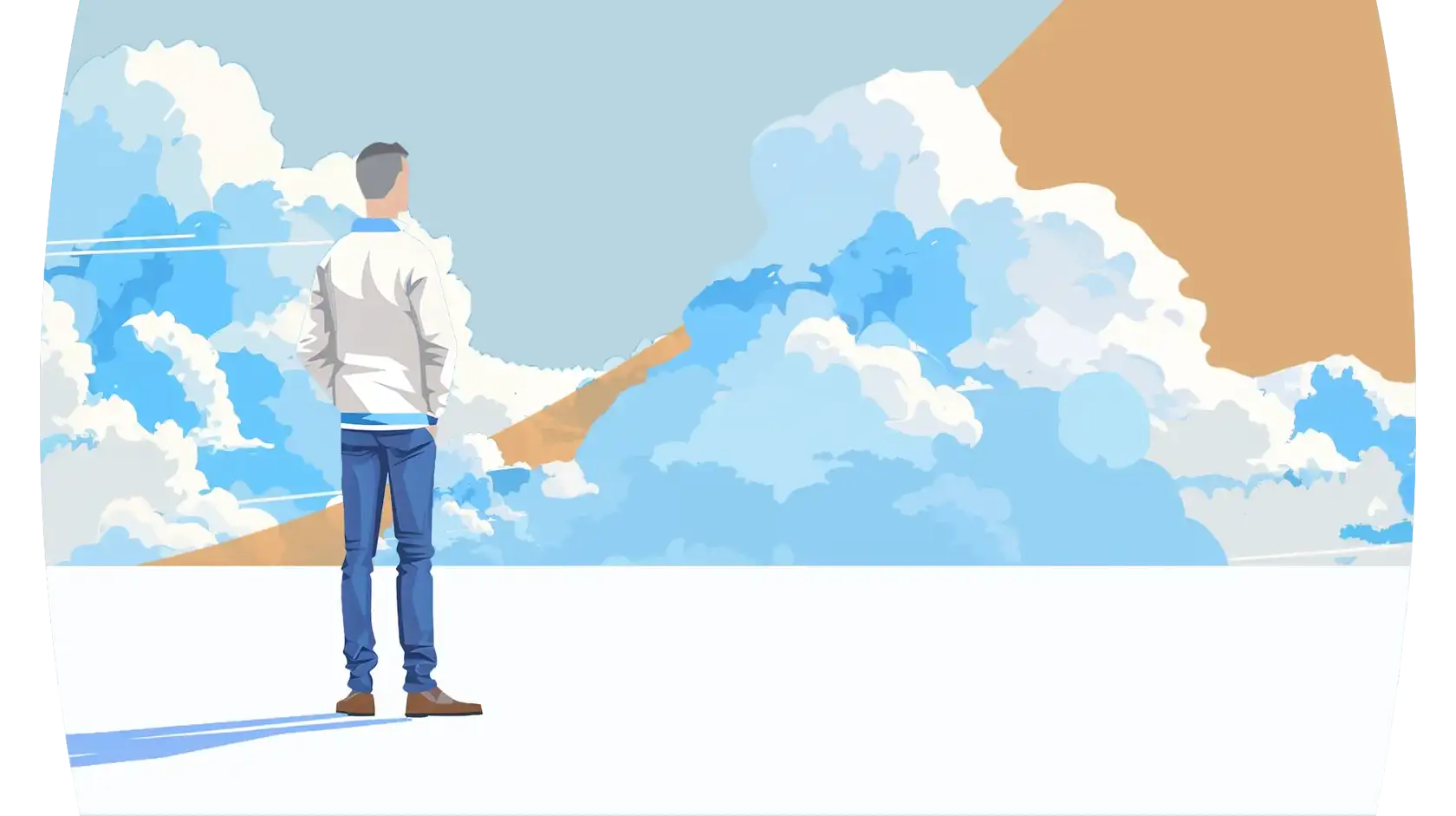 Illustration of a person standing on white surface looking at clouds