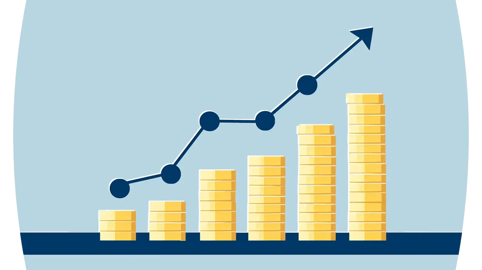 Illustration of coins stacked representing a positive graph with dark blue arrow following the graph rise against a light grey background