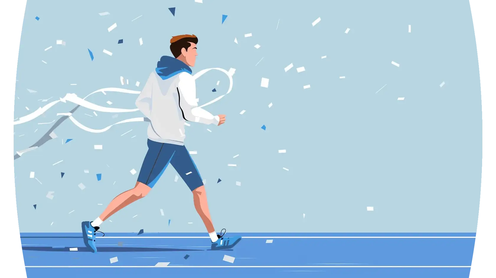 Illustration of a person running, wearing a white jacket with blue details, against a background of dynamic blue and white lines