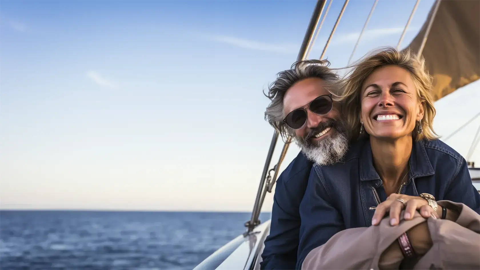 Image of couple smiling while sailing in the open sea