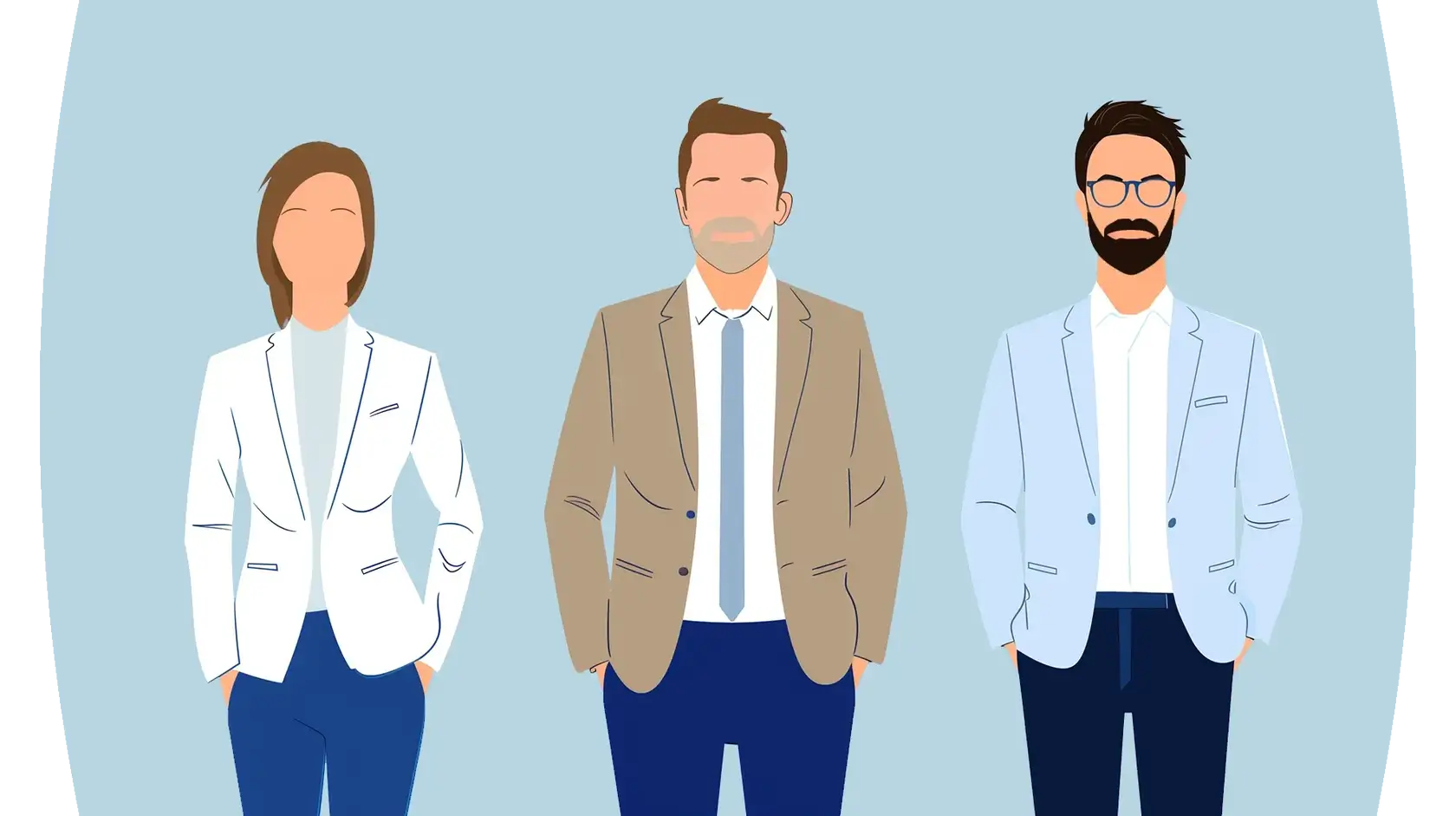 Illustration of three figures in professional attire, symbolizing collaboration and teamwork