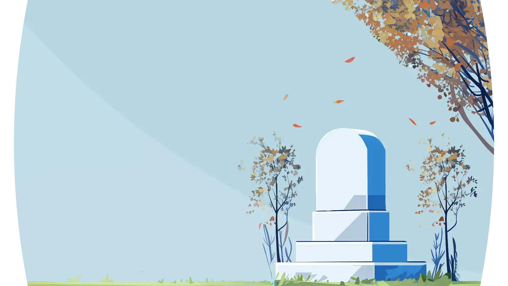 Illustration of a gravestone with few trees against a gradient blue background